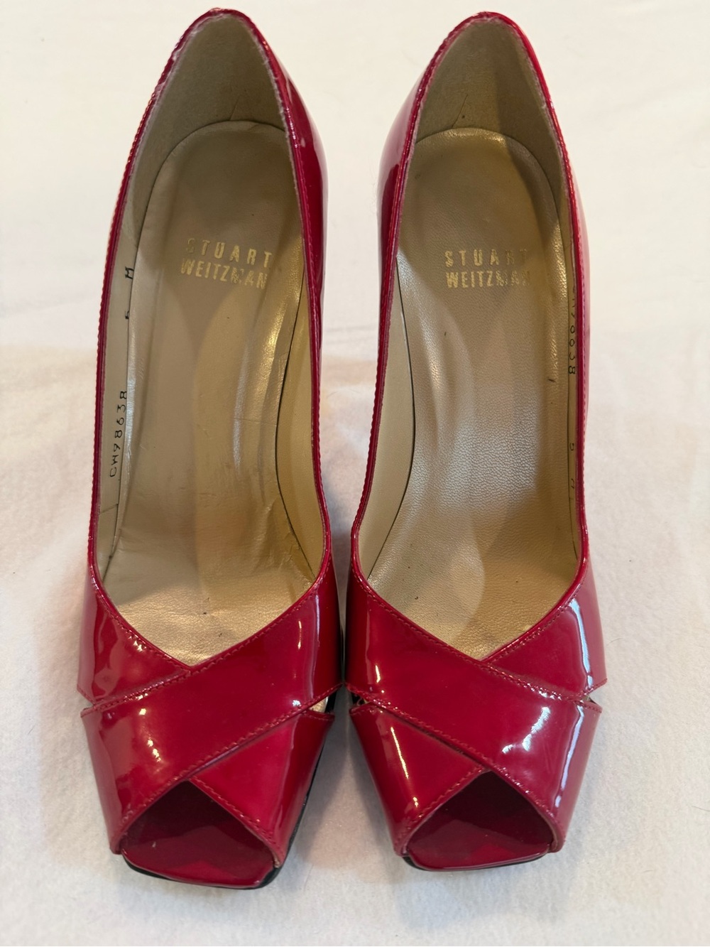Stuart Weitzman Red Patent Leather Peep Toe 3” Heels Size 5